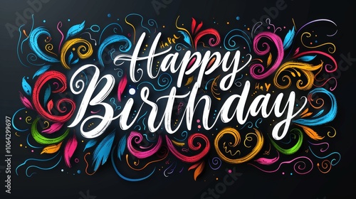 Colorful Hand Lettering Happy Birthday Card on Black Background with Calligraphic Flourishes