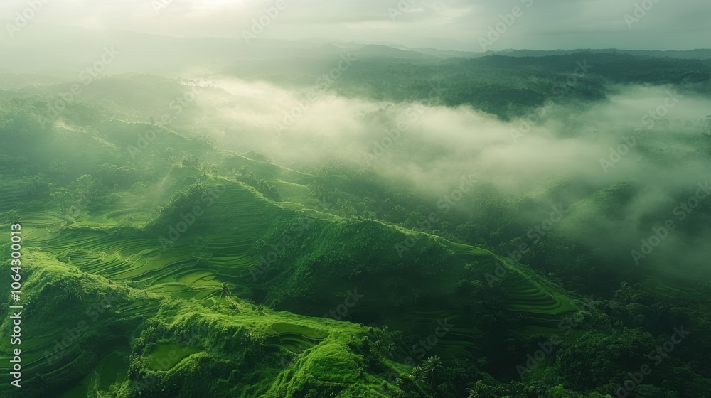 Obraz premium A breathtaking view of rolling hills covered in lush greenery, blanketed by a soft mist. The gentle light of dawn illuminates the tranquil landscape, enhancing its natural beauty.