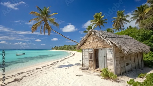 A Rustic Wooden Cabin Nestled on a Pristine Beach with a Palm Tree Swaying Gently in the Breezy Air