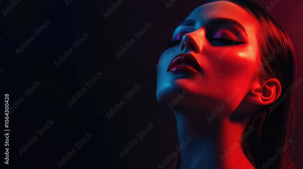 An artistic portrait of a woman adorned with elegant makeup, showcasing bold lips and striking An artistic portrait of a woman adorned with elegant makeup, showcasing bold lips and striking