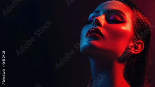 An artistic portrait of a woman adorned with elegant makeup, showcasing bold lips and striking