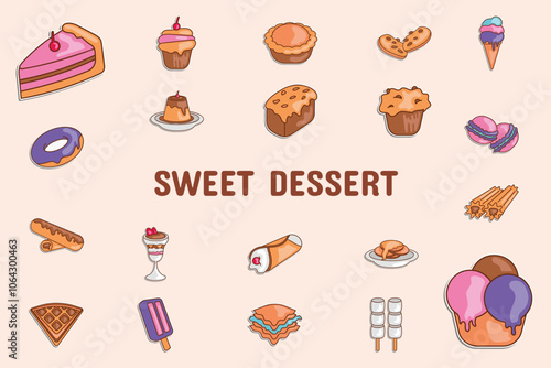 Sweet Dessert Lineal Color Vector Illustration Icon Sticker Set Design Materials