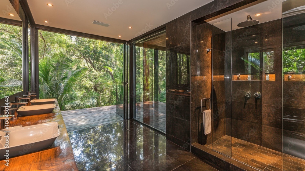 Elegant Bathroom with Modern Design and Nature View Elegant Bathroom with Modern Design and Nature View