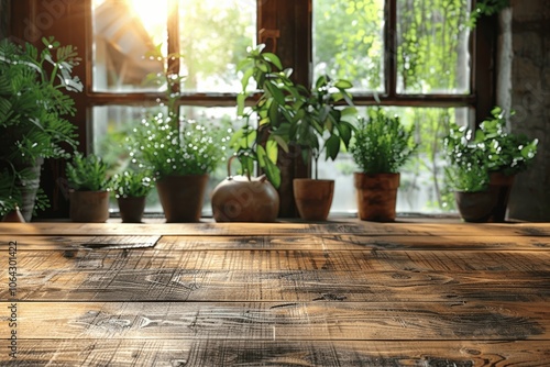 Brown Wooden Countertop in Defocused Bright Modern Kitchen Background for Product Placement and Display