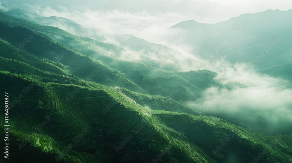 Obraz premium A breathtaking view of rolling hills covered in lush greenery, blanketed by a soft mist. The gentle light of dawn illuminates the tranquil landscape, enhancing its natural beauty.