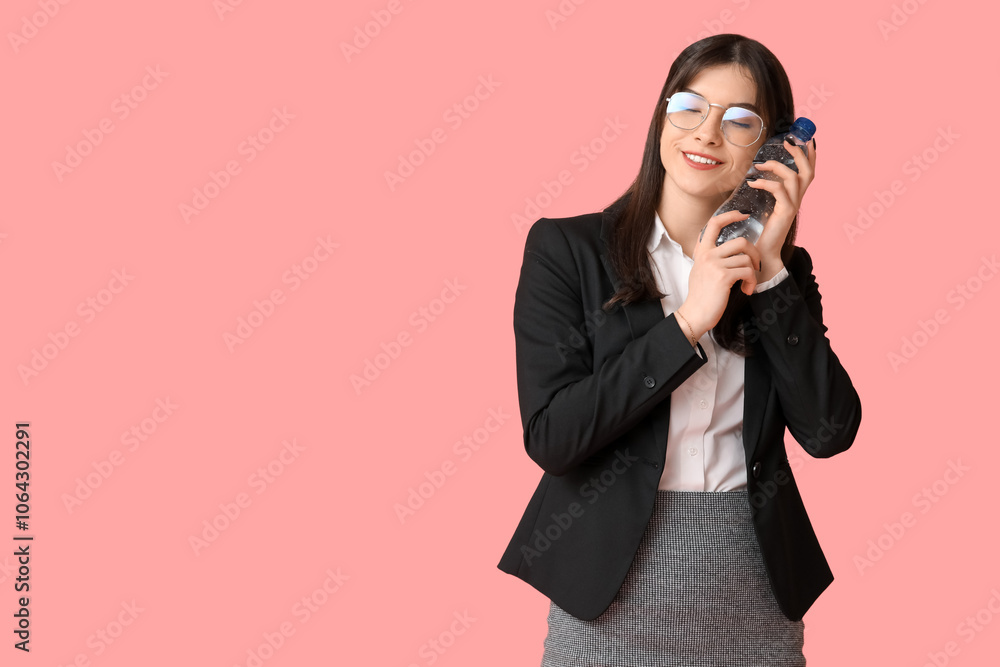 Obraz premium Young Asian woman with bottle of water on pink background