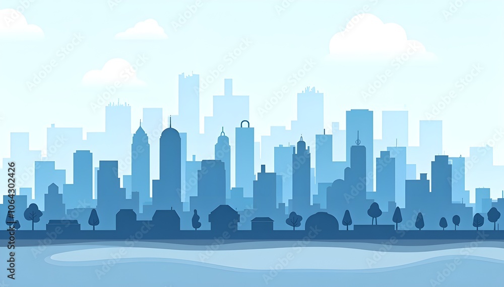 A high-definition image of a monochrome urban landscape with a cloudy sky. The scene features blue city buildings interspersed with trees, rendered in a modern architectural flat style. A high-definition image of a monochrome urban landscape with a cloudy sky. The scene features blue city buildings interspersed with trees, rendered in a modern architectural flat style.
