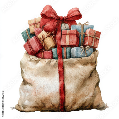 festive sack filled with colorful gifts and red bow, perfect for celebrations