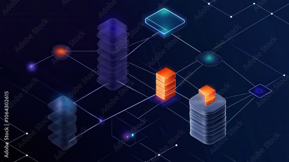 Fototapeta premium digital illustration of deep learning model architecture featuring various data structures and connections, showcasing technology and innovation