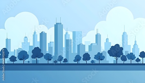 A high-definition image of a monochrome urban landscape with a cloudy sky. The scene features blue city buildings interspersed with trees, rendered in a modern architectural flat style. photo