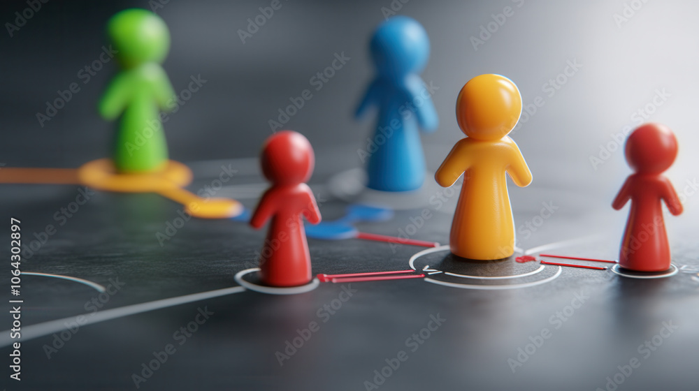 Obraz premium Colorful figurines representing teamwork and collaboration in network. vibrant colors symbolize diversity and interaction among individuals