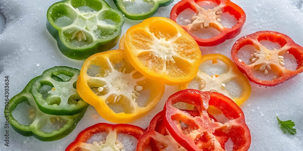 A vibrant arrangement of sliced peppers, their contrasting colors and textures creating a captivating display of culinary artistry. A vibrant arrangement of sliced peppers, their contrasting colors and textures creating a captivating display of culinary artistry.