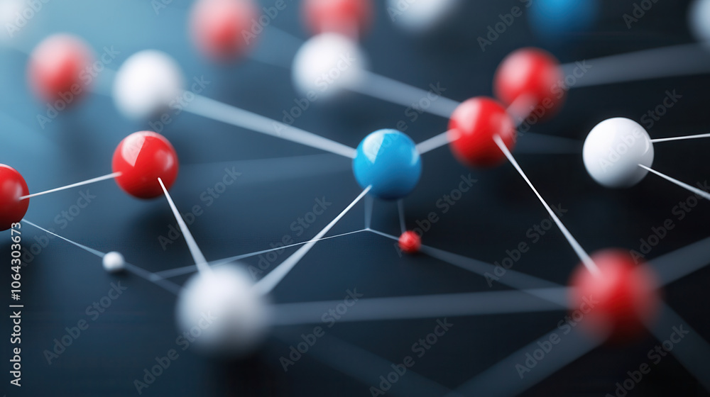 Abstract molecular structure with red, white, and blue spheres connected by lines, representing scientific concepts and connections Abstract molecular structure with red, white, and blue spheres connected by lines, representing scientific concepts and connections