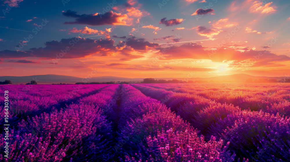 Lavender fields under a vibrant sunset sky with purple and orange hues Lavender fields under a vibrant sunset sky with purple and orange hues