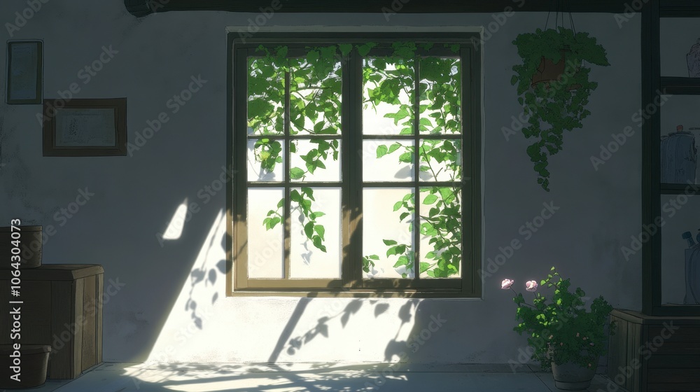 Lush Greenery by the Window in Serene Interior Lush Greenery by the Window in Serene Interior