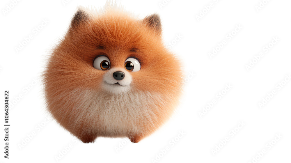 Cute and fluffy Pomeranian dog character with expressive eyes on a white isolated background. Cute and fluffy Pomeranian dog character with expressive eyes on a white isolated background.
