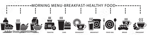 Breakfast, healthy food glyph icon banner. contain cereal, toaster, cake, tea, coffee, drink, bread, croissant, eggs and more. Vector EPS 10. for print, UI or UX kit, web and app development.