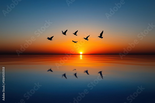 serene sunset with birds flying over calm water, symbolizing hope