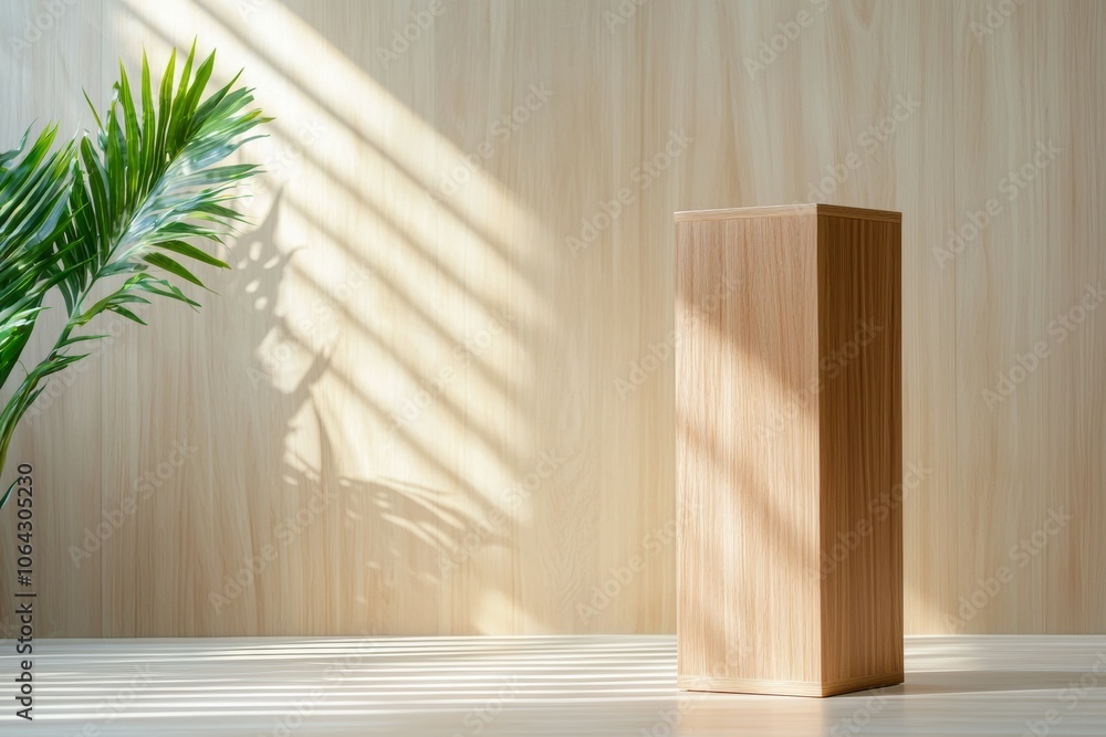 A wooden box sits on a table in front of a plant A wooden box sits on a table in front of a plant