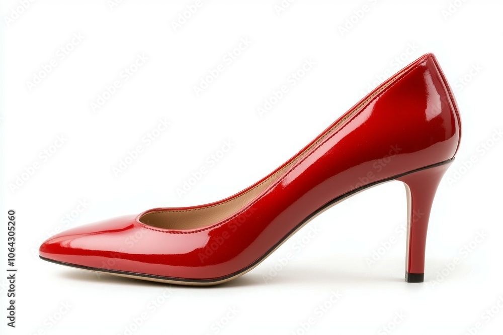 A red high heel shoe with a pointed toe A red high heel shoe with a pointed toe