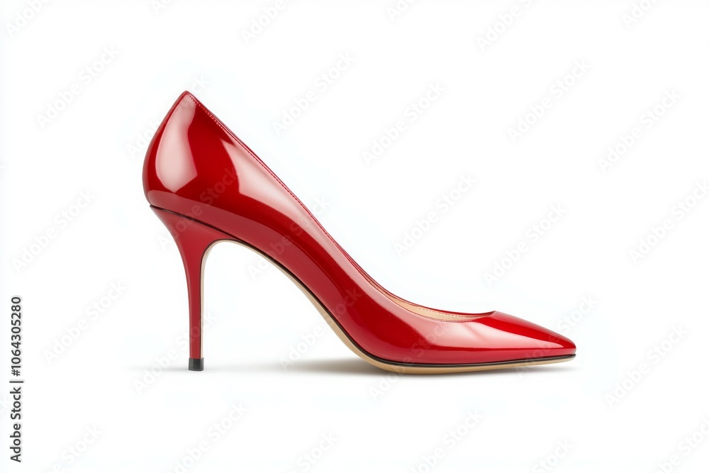 A red high heel shoe with a pointed toe A red high heel shoe with a pointed toe