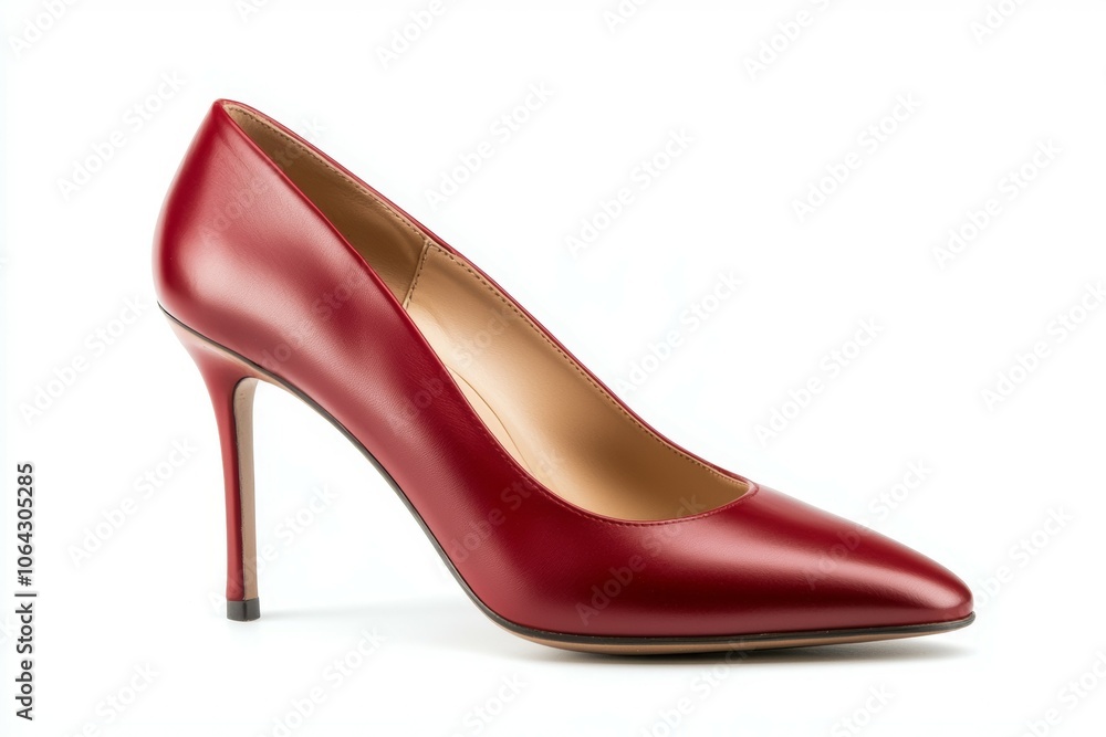 A red high heel shoe with a pointed toe A red high heel shoe with a pointed toe