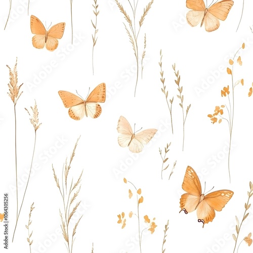 Watercolor Butterflies and Dried Flowers Seamless Pattern