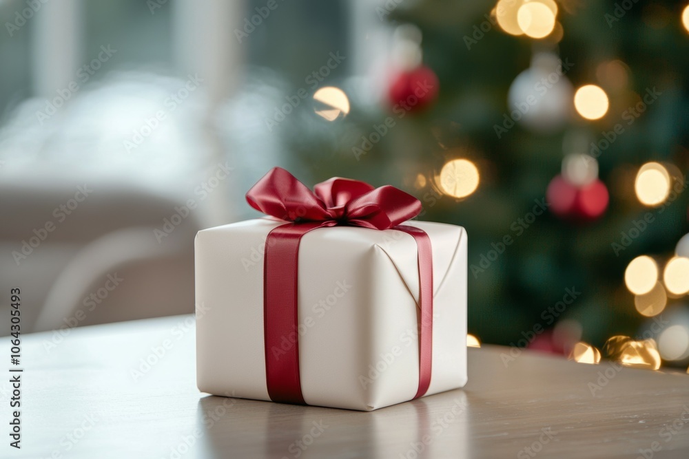 A white box with a red ribbon sits on a table next to a Christmas tree A white box with a red ribbon sits on a table next to a Christmas tree