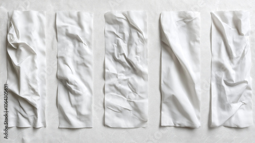 Five crumpled white rectangular fabrics lying on gray surface