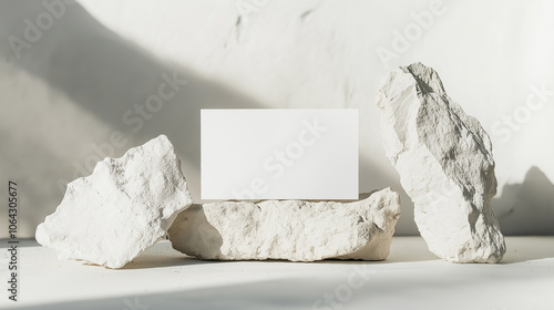 White blank business card displaying on stone podium with shadow overlay