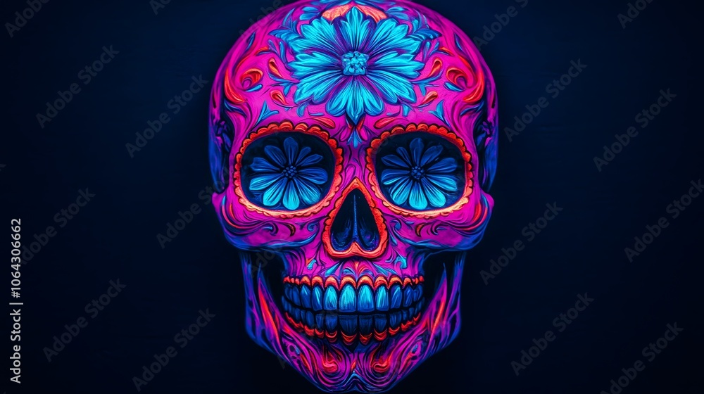 Stunningly Detailed and Colorful Sugar Skull with Blue and Purple Floral Patterns Against Dark Backdrop. Sugar Skull-themed in Luminous Colours Concept Stunningly Detailed and Colorful Sugar Skull with Blue and Purple Floral Patterns Against Dark Backdrop. Sugar Skull-themed in Luminous Colours Concept