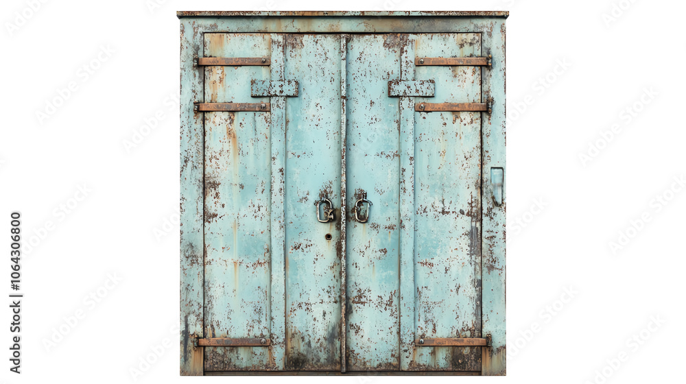 Naklejka premium Rusty blue vintage doors with weathered textures and metal details on a white isolated background.