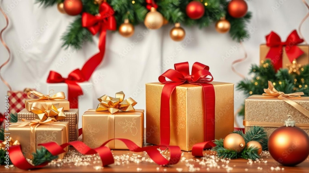 Red and gold Christmas party background banner with gift boxes on table, decorations, festive, table Red and gold Christmas party background banner with gift boxes on table, decorations, festive, table