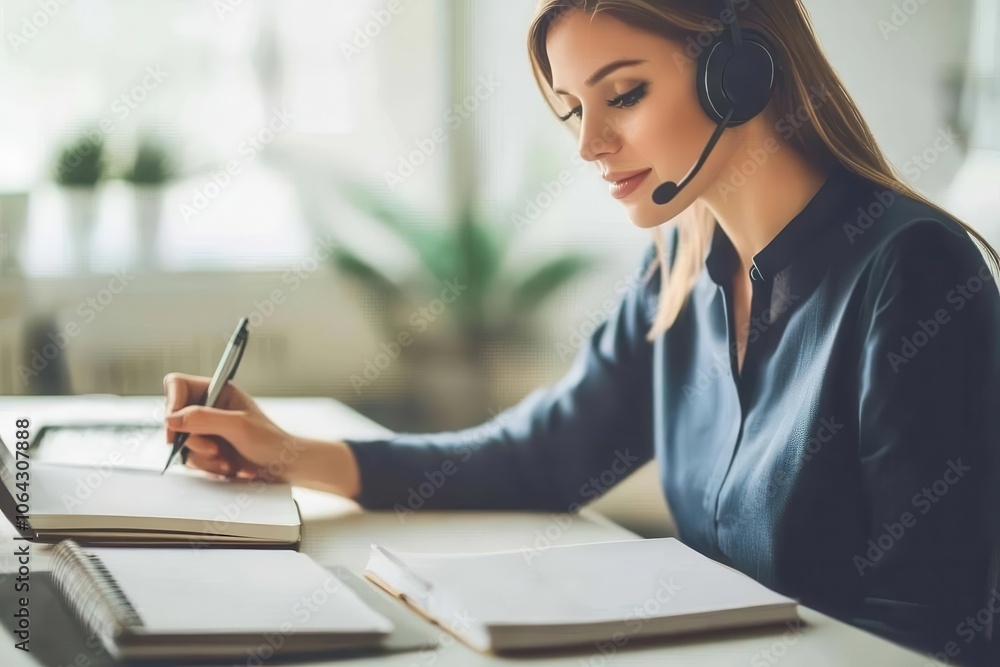 A focused woman wearing a headset takes notes while working at her desk in a bright and modern workspace. A focused woman wearing a headset takes notes while working at her desk in a bright and modern workspace.