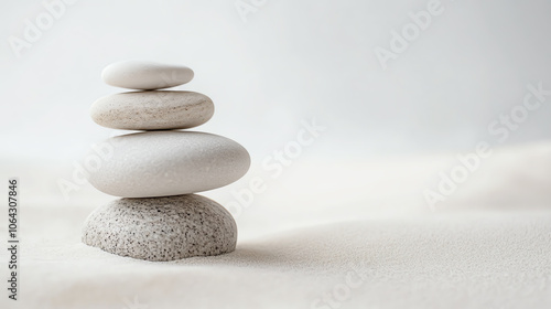 Zen stones stacked on a soft background, symbolizing balance and tranquility in a minimalist style.