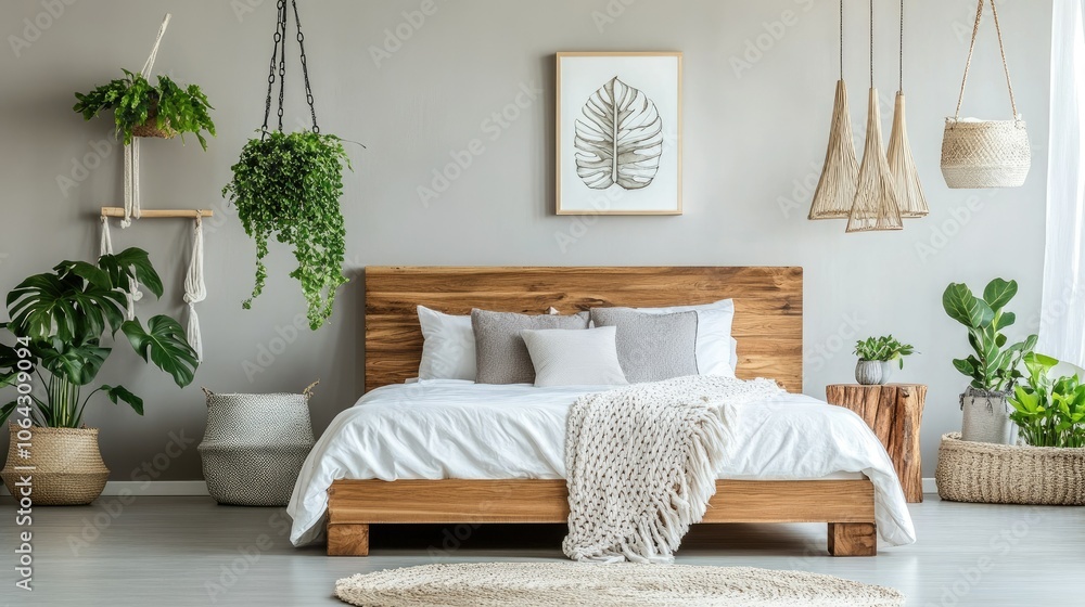 Fototapeta premium Modern Minimalist Bedroom with Plants and Natural Decor