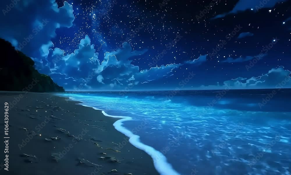 Bioluminescent Beach Under Starry Night Sky illustration cartoon with ai generated.
