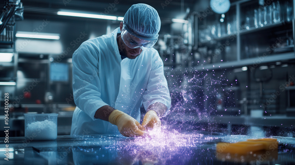 skilled worker in lab coat and gloves creates magical effect with colorful sparks in modern kitchen. scene is vibrant and dynamic, showcasing innovation and creativity skilled worker in lab coat and gloves creates magical effect with colorful sparks in modern kitchen. scene is vibrant and dynamic, showcasing innovation and creativity