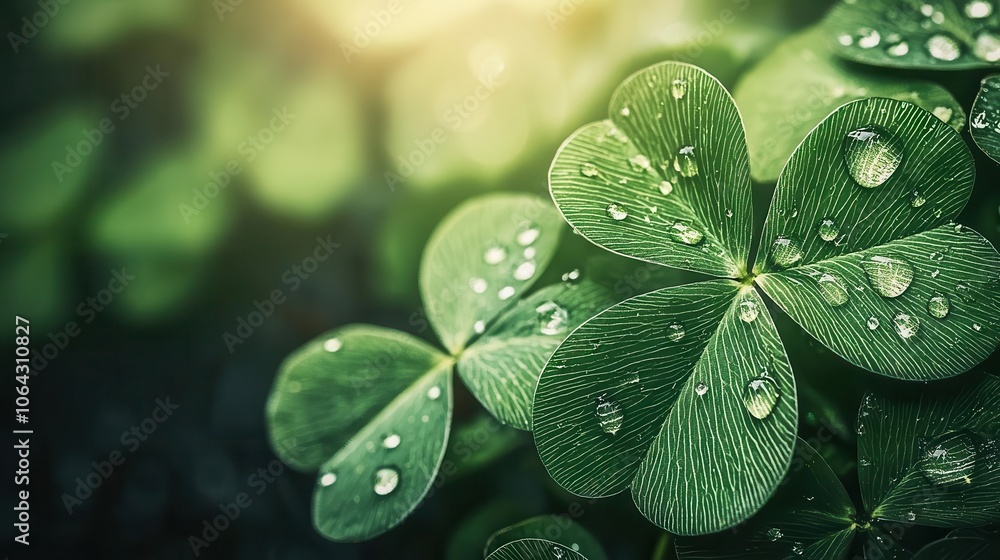 Closeup of water droplets on a clover leaf, sparkling in sunlight, fresh outdoor moment Closeup of water droplets on a clover leaf, sparkling in sunlight, fresh outdoor moment