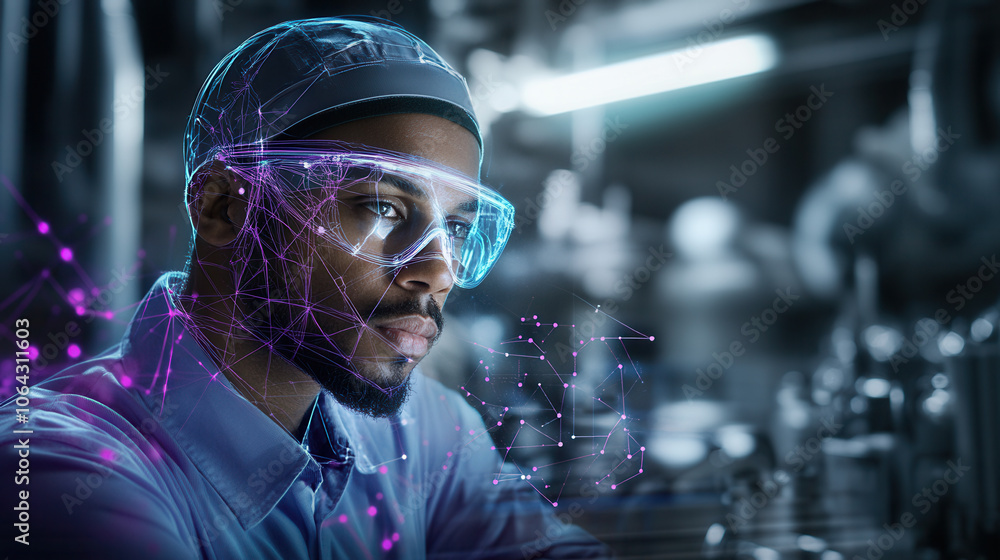 Innovative engineer wearing safety goggles, focused on technology in lab. image captures blend of human skill and digital elements, showcasing modern engineering Innovative engineer wearing safety goggles, focused on technology in lab. image captures blend of human skill and digital elements, showcasing modern engineering