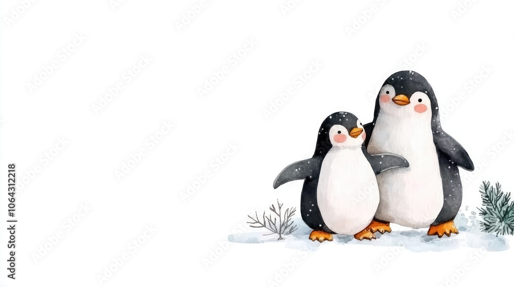 Obraz premium Cute Penguins Skating on Ice in Watercolor Style