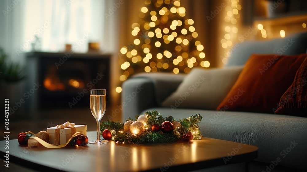 Cozy living room with Christmas decorations, sparkling lights, and festive ambiance. glass of champagne, gift box, and ornaments create warm holiday atmosphere Cozy living room with Christmas decorations, sparkling lights, and festive ambiance. glass of champagne, gift box, and ornaments create warm holiday atmosphere