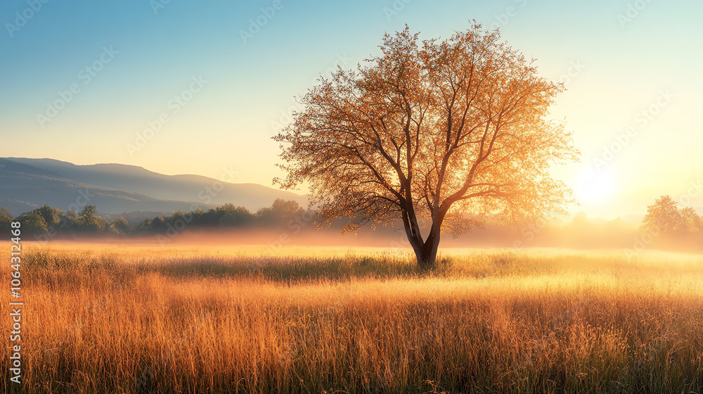 Fototapeta premium A serene landscape featuring a solitary tree amidst golden grass under a soft sunrise, creating a peaceful natural setting.