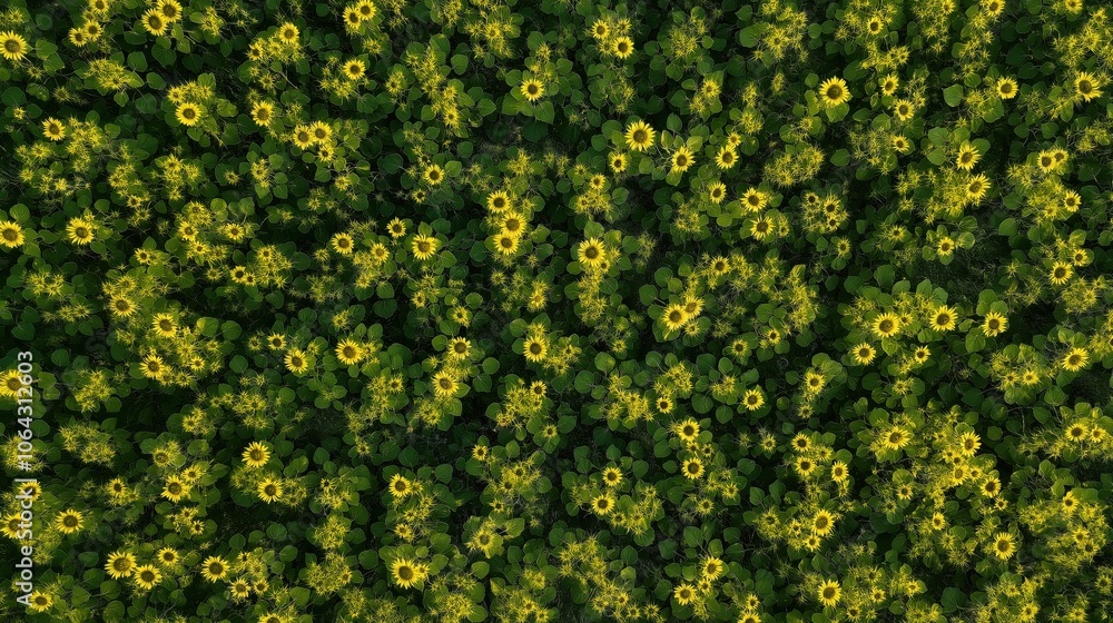 A vibrant landscape unfolds as sunflowers stretch toward the sun, their golden faces bright against lush green foliage. The countryside buzzes with life, capturing summer's essence.