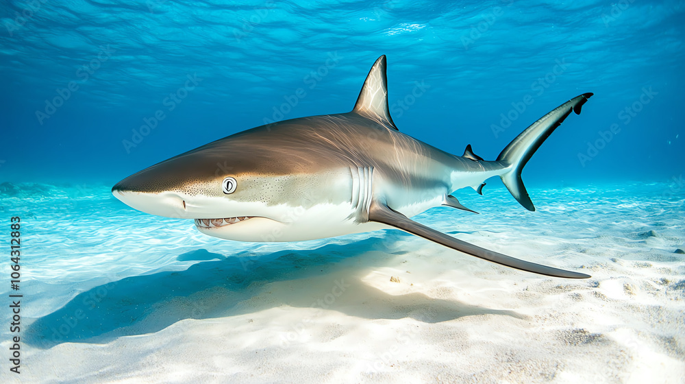 Fototapeta premium A shark swimming gracefully in clear blue water, showcasing its powerful form and movement, with vibrant ocean scenery.