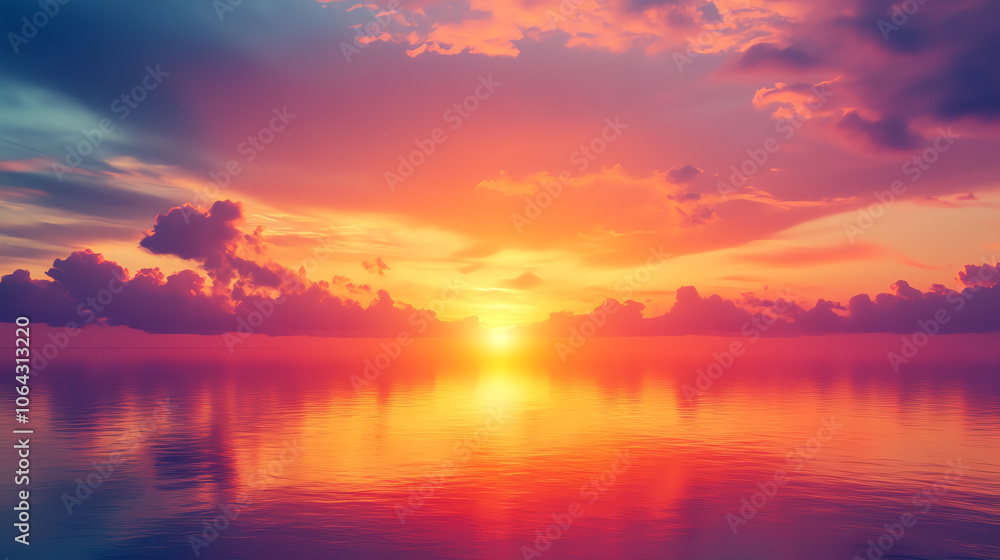Fototapeta premium A stunning sunset over the calm water, with vibrant colors reflecting on the surface, creating a serene atmosphere.