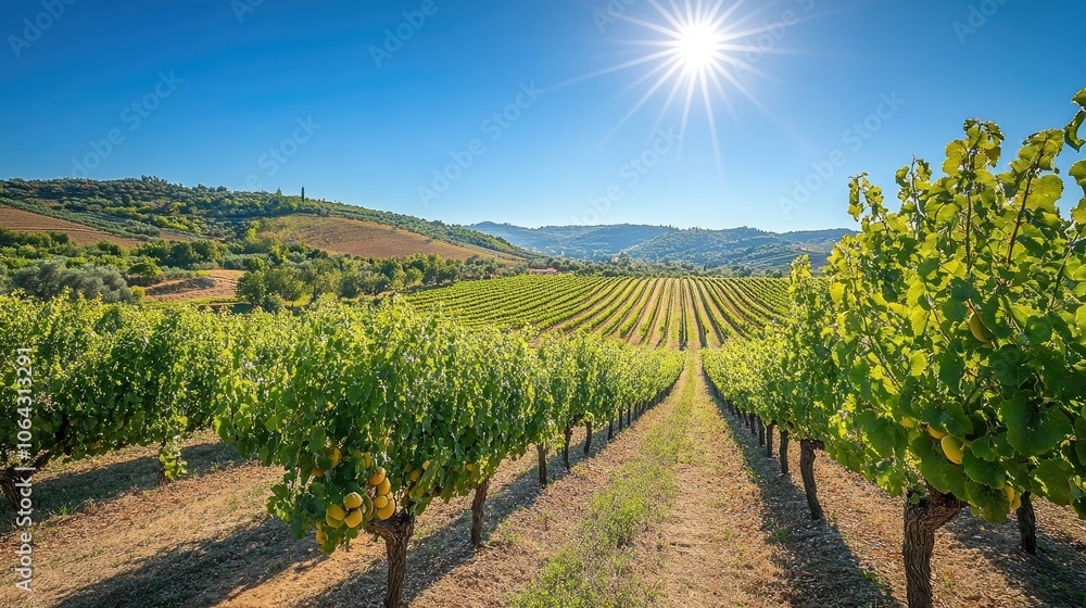 Fototapeta premium Vibrant Vineyard Landscape Under Bright Sunlight