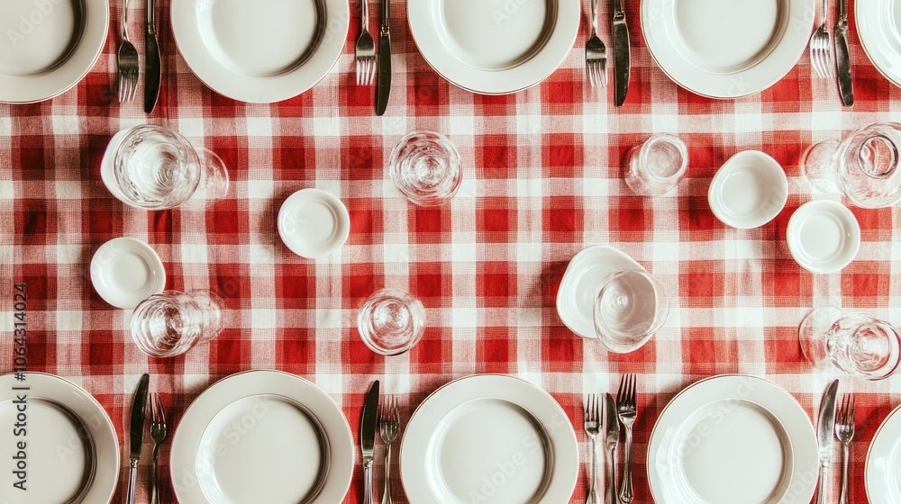 Elegant Table Setting with White Plates and Checkered Cloth Elegant Table Setting with White Plates and Checkered Cloth