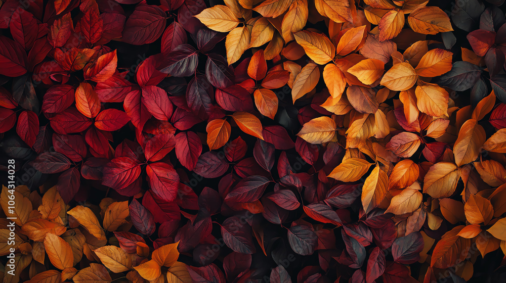 Fototapeta premium A vibrant collection of autumn leaves in shades of red, orange, and yellow, creating a stunning natural tapestry.