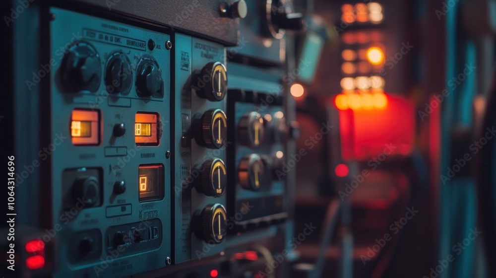 Close-up of control panels with knobs and lights, suggesting a technological environment. Close-up of control panels with knobs and lights, suggesting a technological environment.